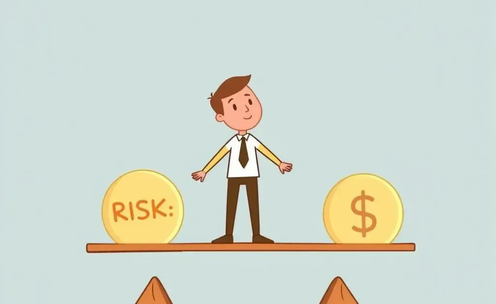 A cartoon of a person balancing risk and reward on a seesaw with dollar symbols.