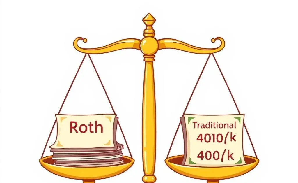 Scales balancing Roth 401(k) and Traditional 401(k) options