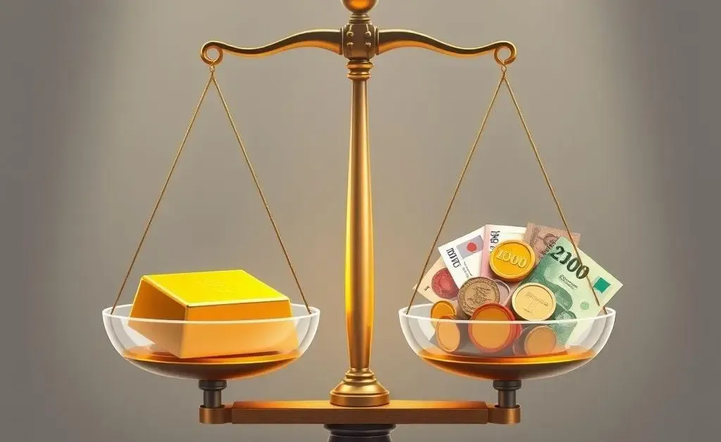 A balancing scale showing gold against currencies.