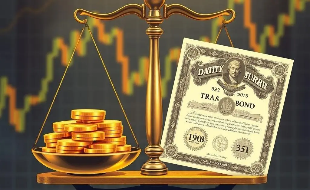 A balancing scale with coins on one side and a treasury bond certificate on the other, symbolizing financial balancing.