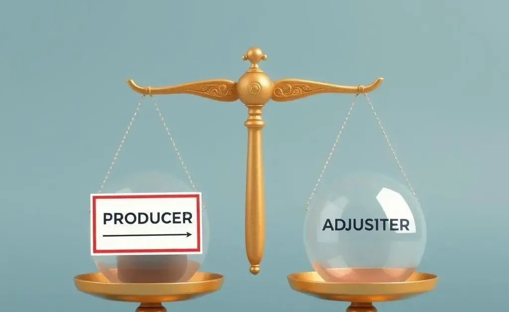 Cartoon scales balancing a producer license and an adjuster role, representing career decision
