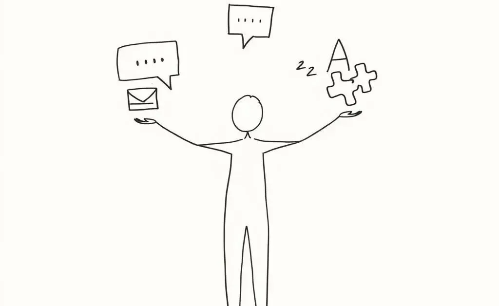 A minimalist, hand-drawn image of a person juggling different skills such as communication, analytical thinking, and problem-solving.
