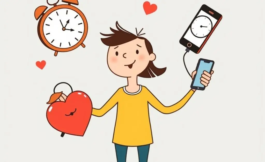 A person juggling a heart, clock, and phone.