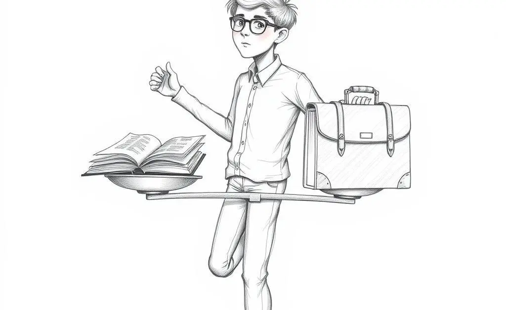 Balancing study and work with a book and briefcase on scales.