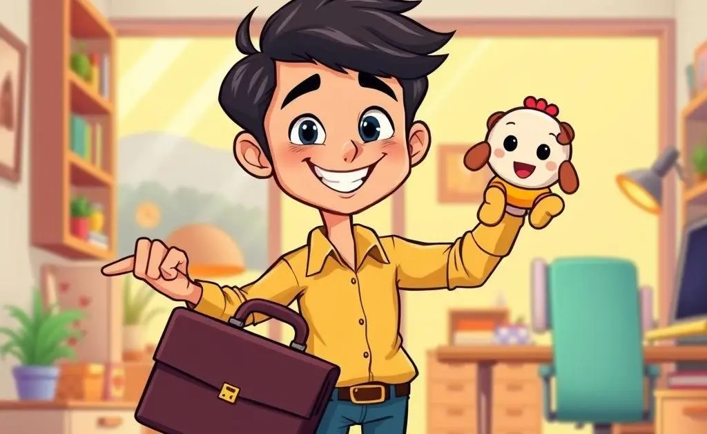 A cartoon-style image depicting a person juggling work and family time efficiently.