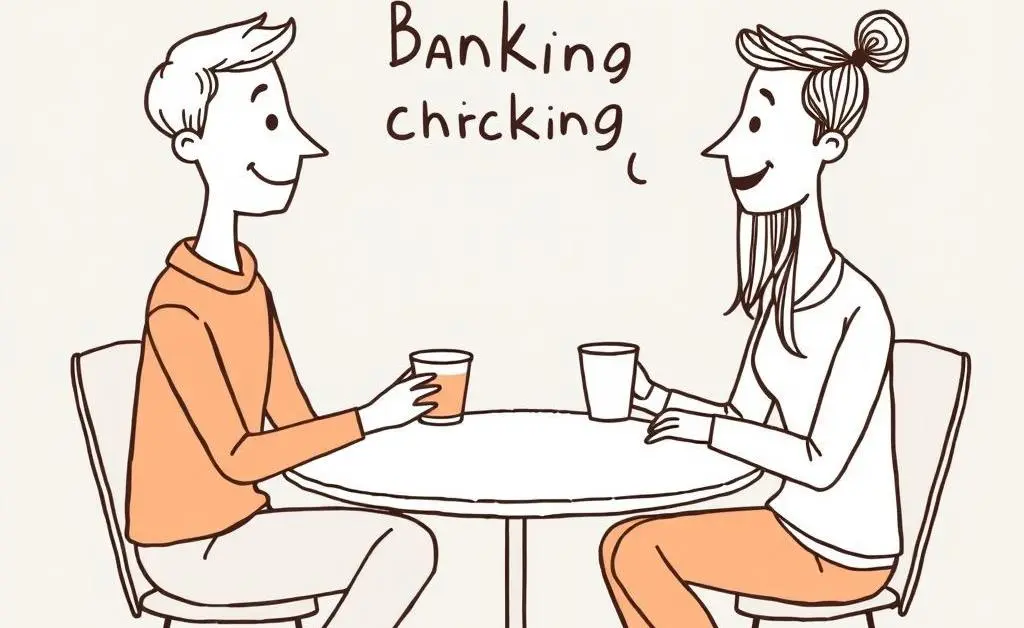 Two friends discussing banking tips over coffee