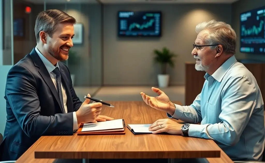 A bank advisor attentively listening to a client's needs across the table