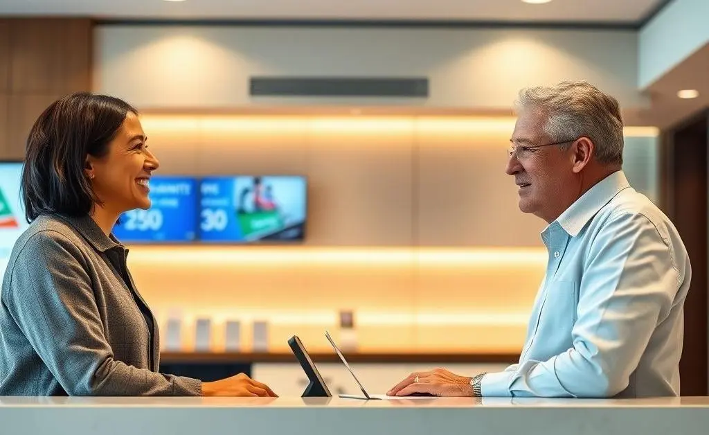 A customer talking with a friendly bank officer across the counter, both looking engaged.