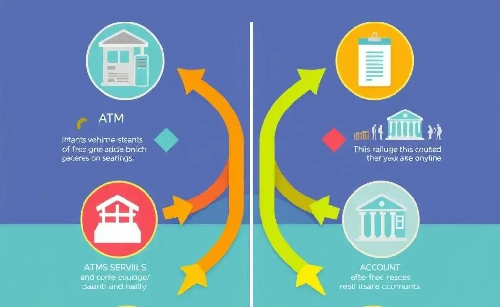 A colorful chart comparing bank fees visually with icons and arrows.