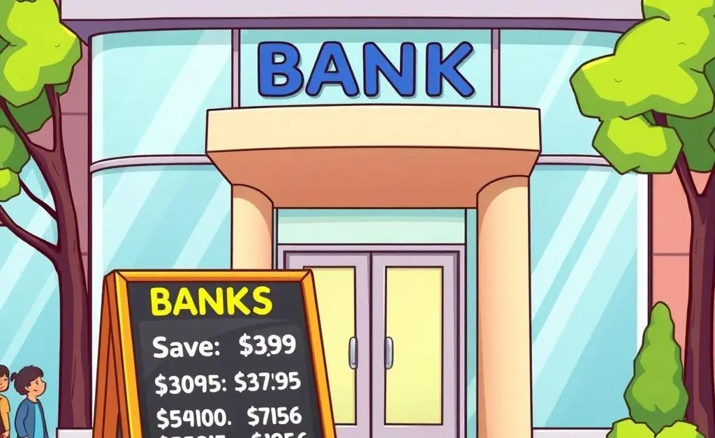 Bank with interest rates board illustration.