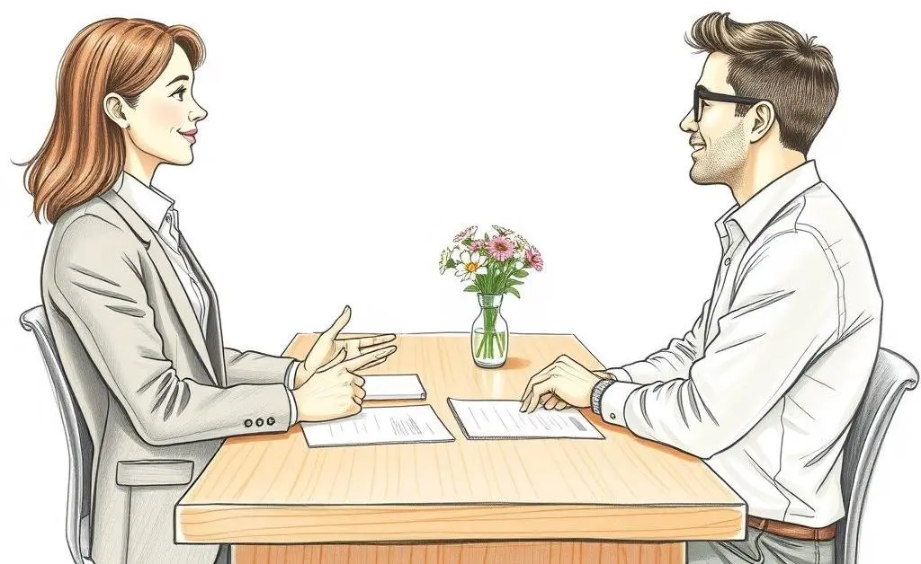 A hand-drawn image of a friendly bank loan officer talking with a customer across a desk.