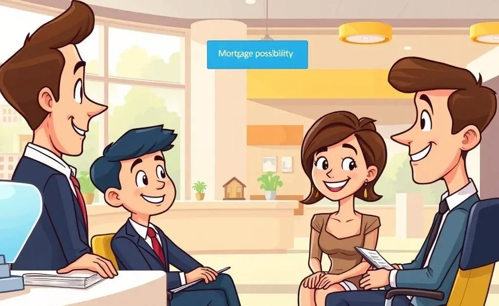A cartoon-style meeting at a bank with an advisor and a couple discussing mortgage options.