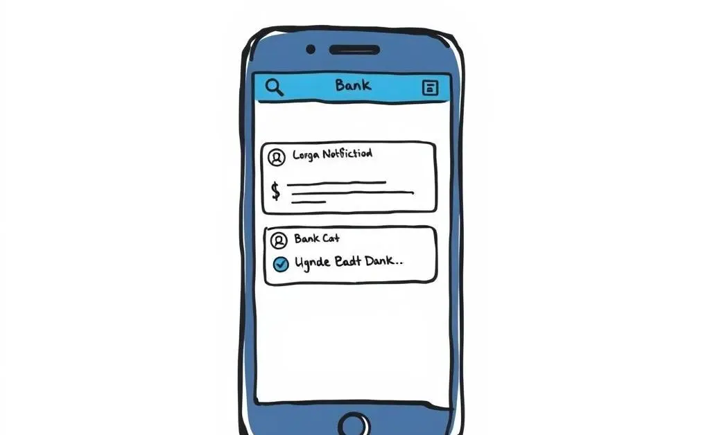 Hand-drawn style image of a smartphone showing bank notification alerts.