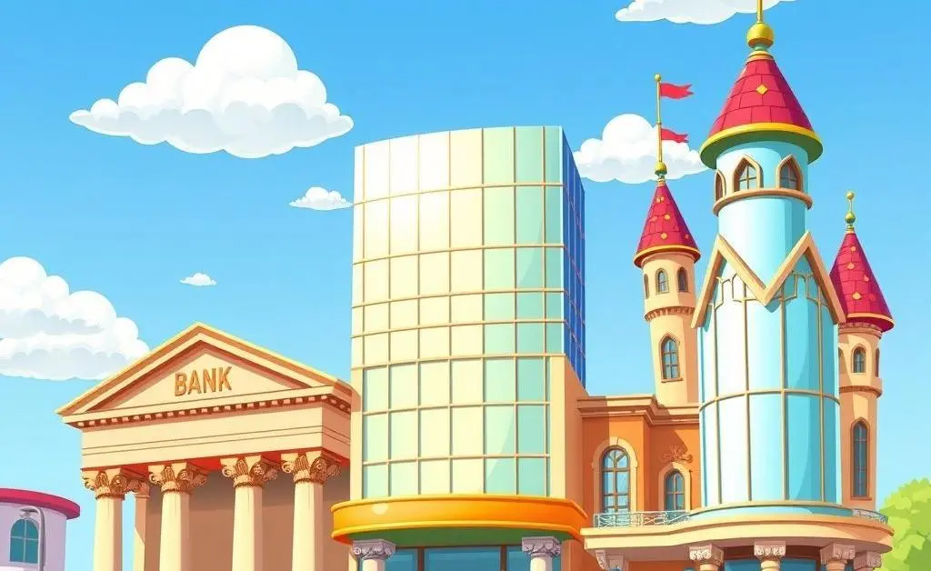 Cartoon-style image of different bank buildings side by side, each with a unique aesthetic