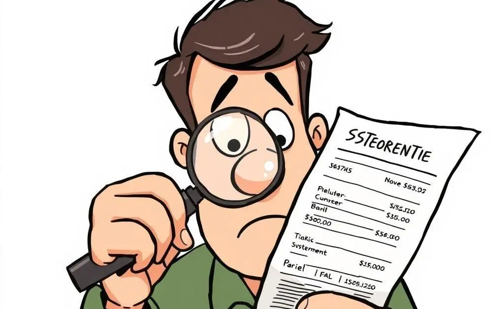 Cartoon of a person carefully examining a bank statement with magnifying glass.