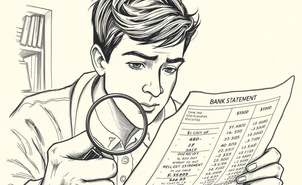Person examining a bank statement with a magnifying glass