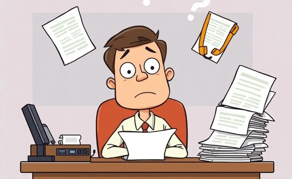 A cartoon of a person confused by bank papers and phone calls.