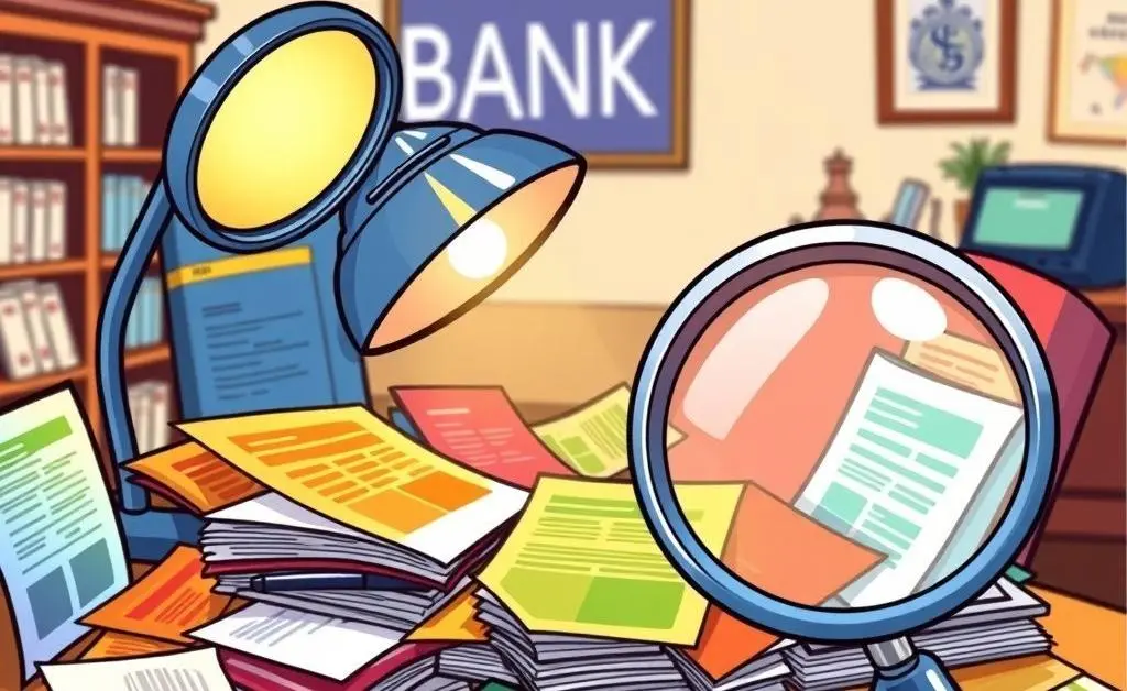 Cartoon image of a desk cluttered with brochures and a magnifying glass, symbolizing research on banking options