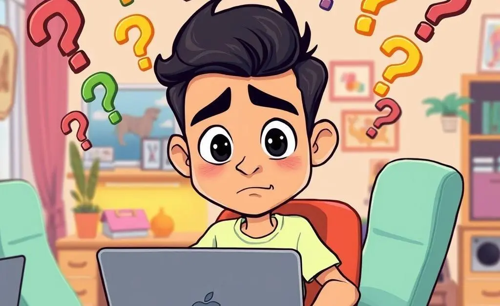 Person puzzled about online banking security, surrounded by question marks