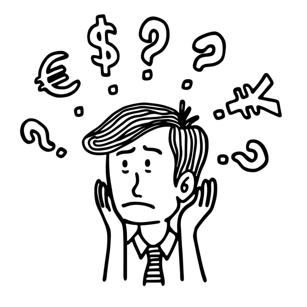 Person with question marks over financial symbols