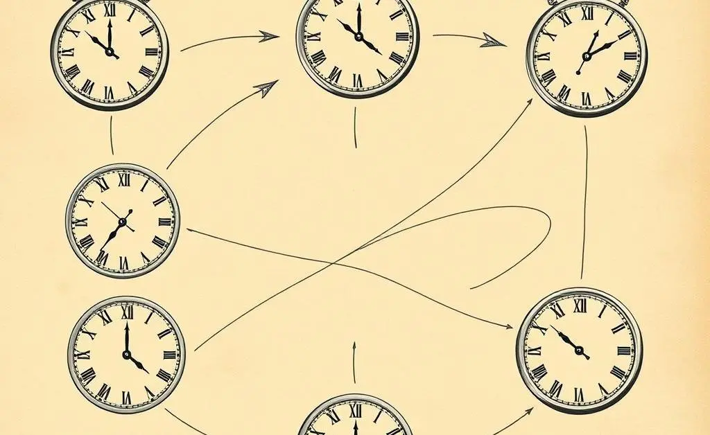 Hand-drawn clocks showing different time zones connected by an arrow path, indicating the time flow in international banking.
