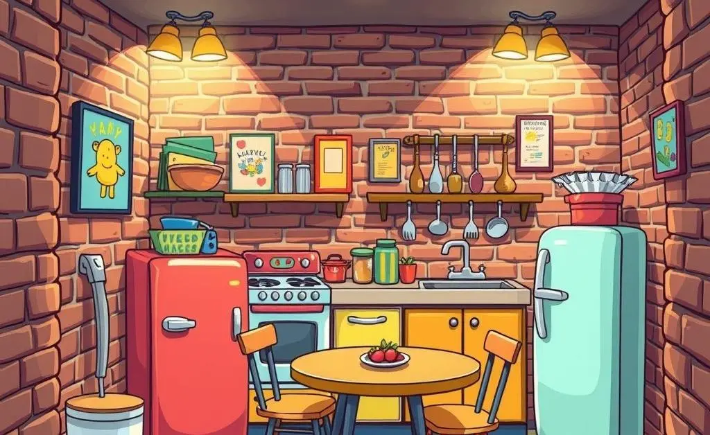 A cartoon-style illustration of a small but functional kitchen setup in a basement.