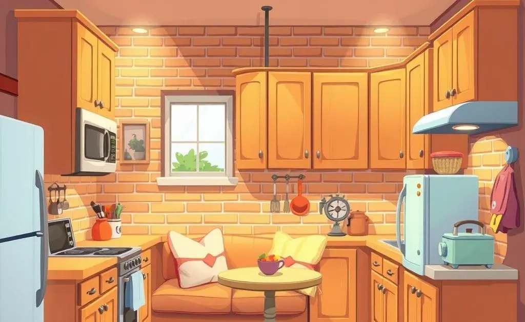 Cartoon-style image of a cozy basement full kitchen.