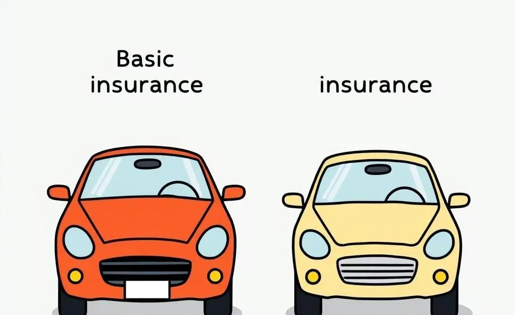 Simple cartoon showing two cars with labels 'Basic Insurance' and 'Comprehensive Insurance'.