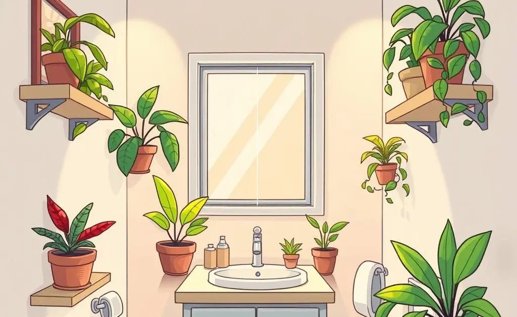Windowless bathroom with plants and lighting