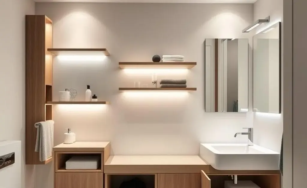 A chic bathroom featuring clever storage hacks