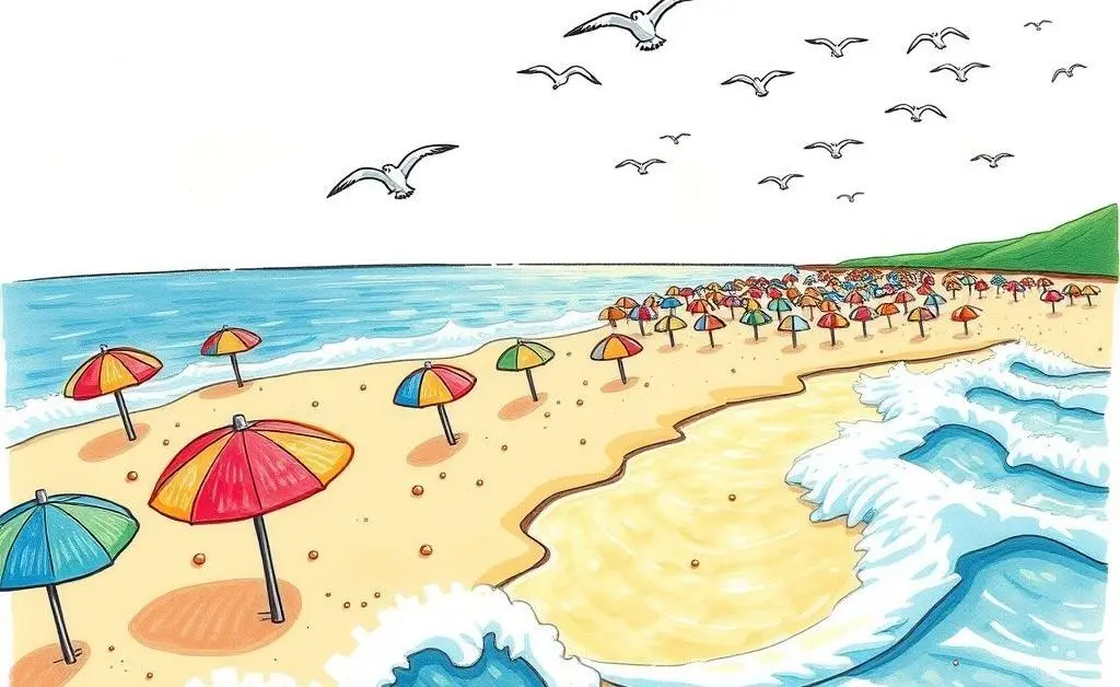 Colorful beach scene with umbrellas