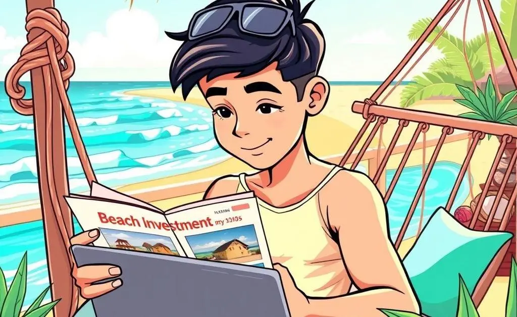 A cartoon-style illustration of a person studying a beach property investment guide on a laptop.