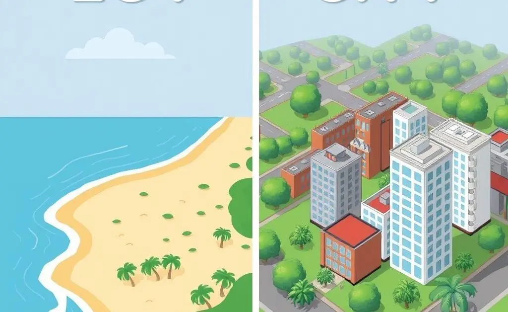 A cartoon-style comparison image showing a beach lot on one side and a city lot on the other.