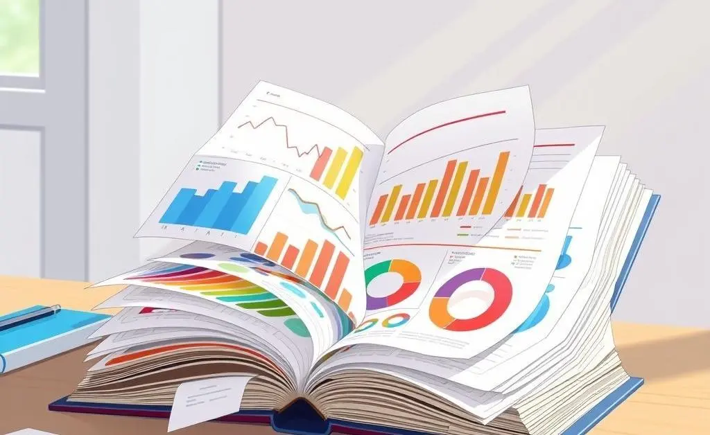 Illustration of a guidebook with charts and graphs spilling out.