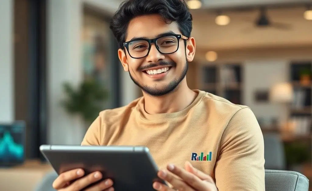A beginner investor smiling while holding a tablet displaying stock charts