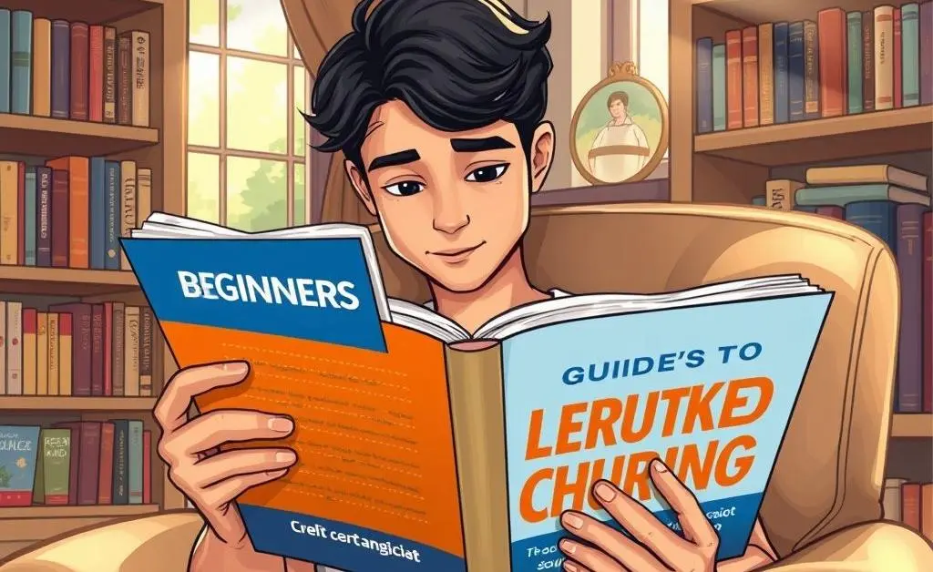 Illustration of a person reading a 'Beginner's Guide to Credit Card Churning' book.