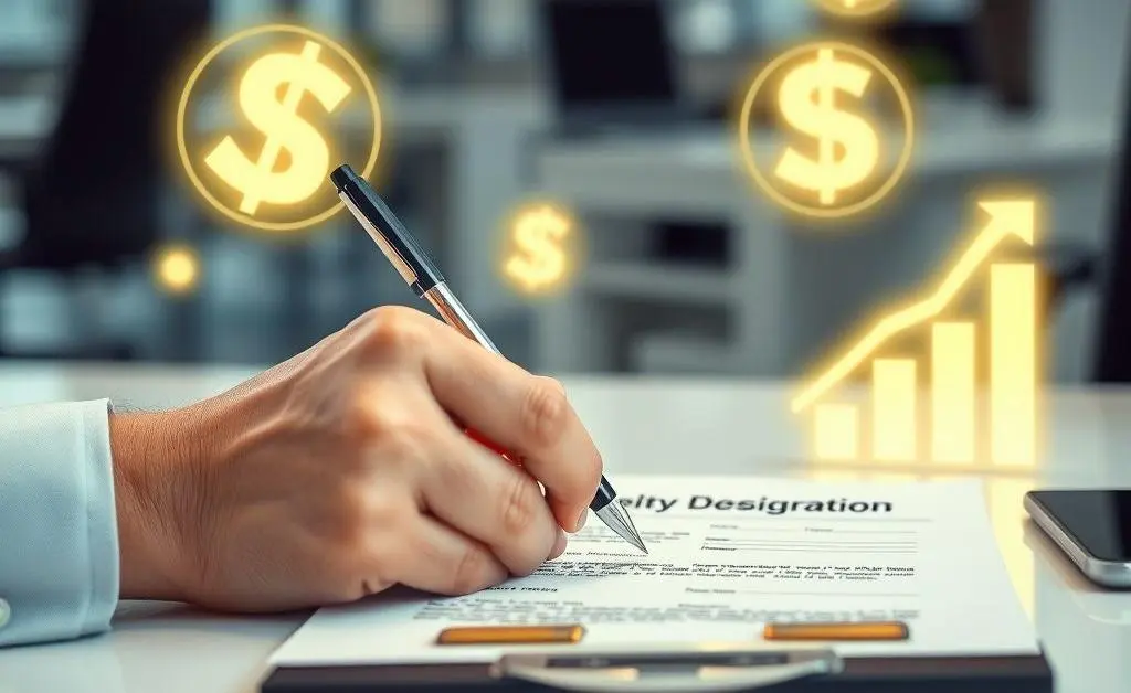 A hand filling out a beneficiary designation form