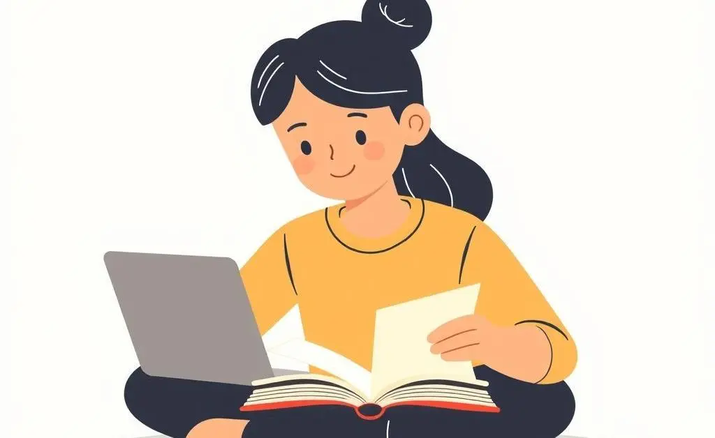 Beneficiary studying trusts through books and a laptop.