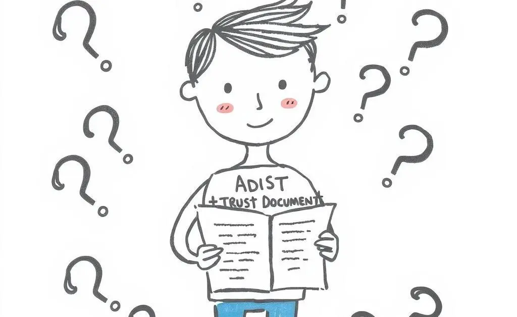 Beneficiary surrounded by question marks looking at a trust document