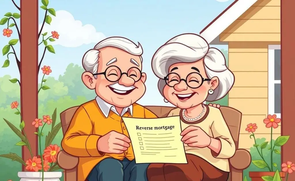 Cartoon-style illustration showing a senior couple enjoying retirement benefits from a reverse mortgage.