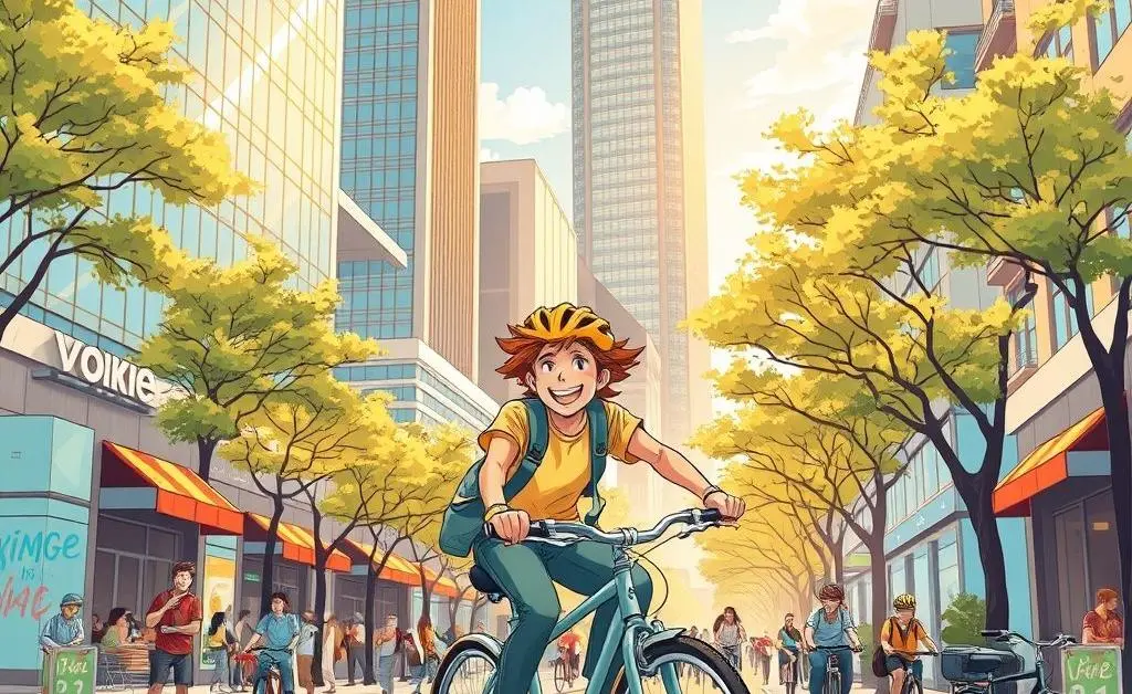 Illustration of a person happily commuting on a bicycle in an urban setting.