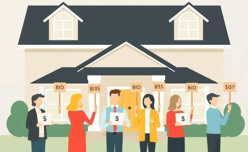 Several people with bid paddles in front of a house