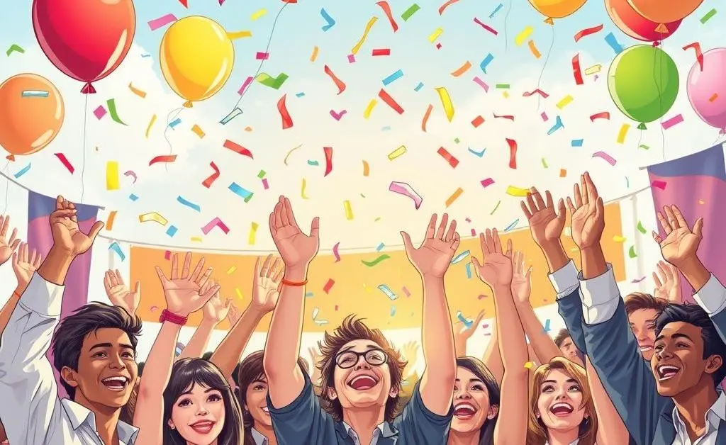 Illustration of people throwing confetti and balloons celebrating a major life achievement, like graduating or getting a promotion.