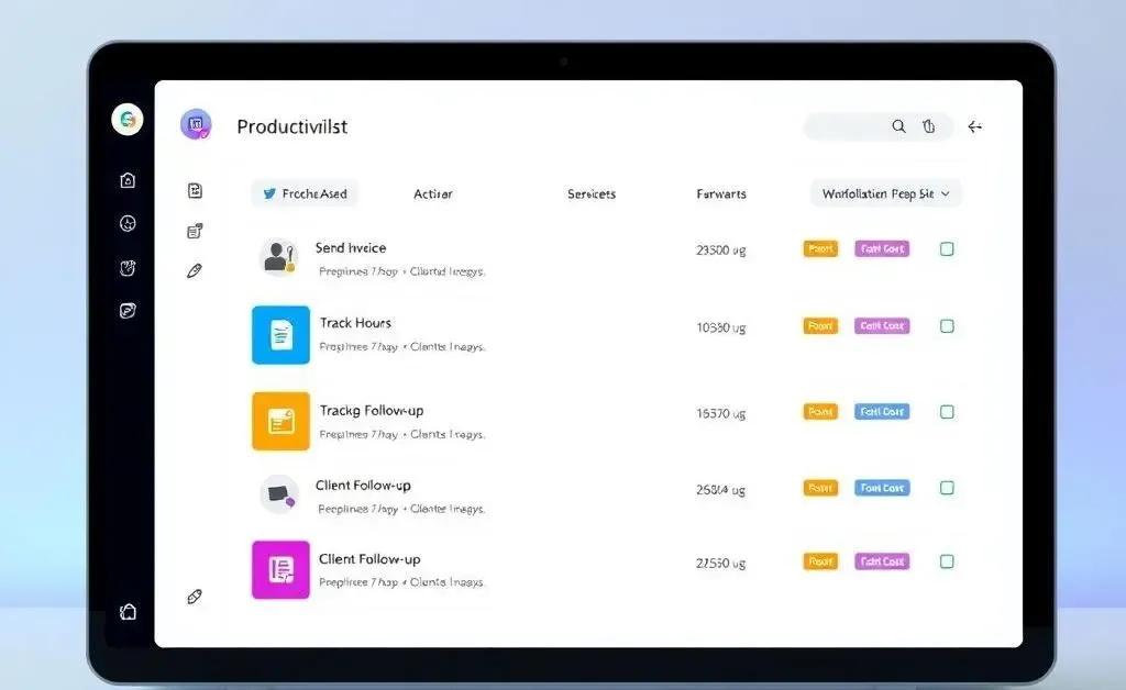 A checklist with items like 'Send Invoice', 'Track Hours', and 'Client Follow-up'