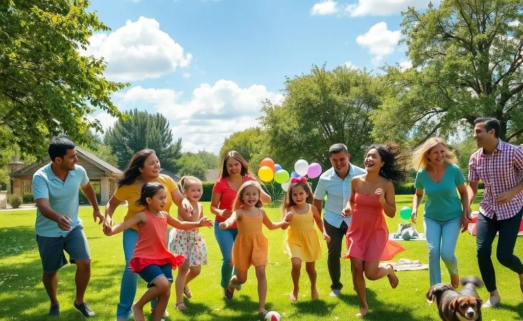 A playful scene of a blended family enjoying an outdoor game together, full of laughter.