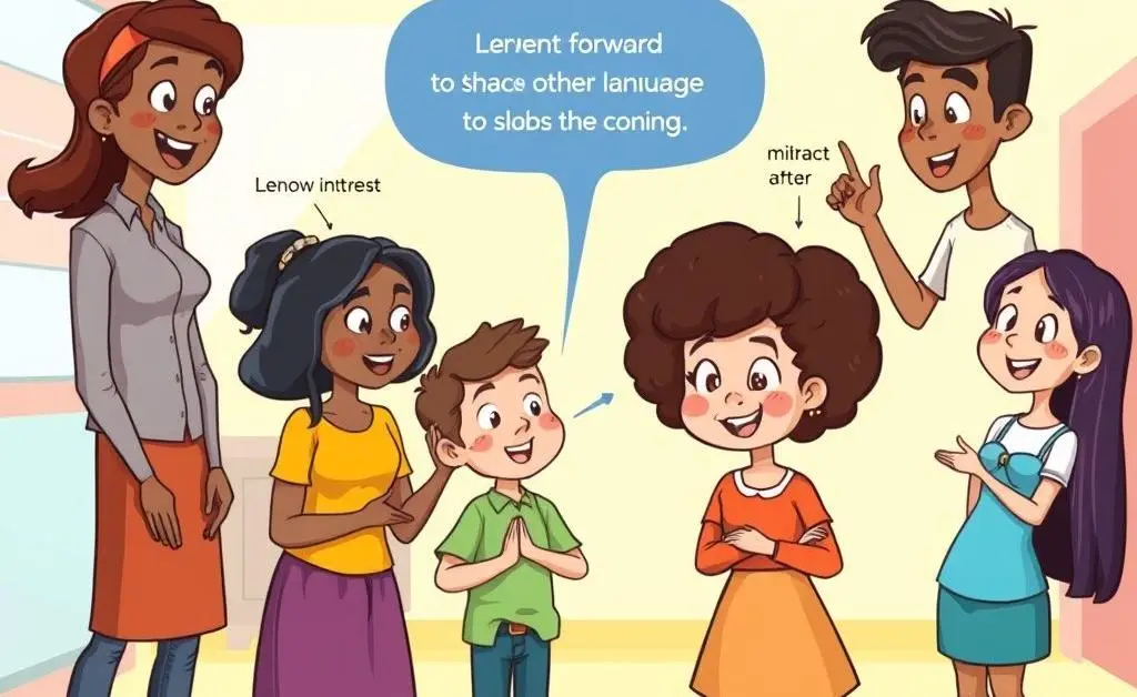 A cartoon-style guide showing various body language cues, like leaning in, mirroring actions, and eye contact.