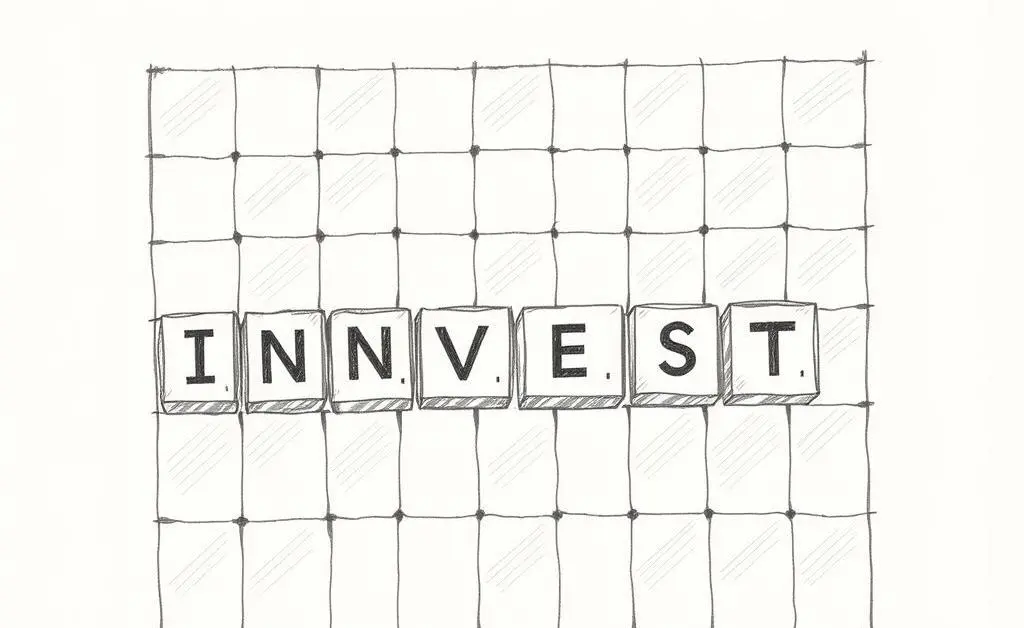 A hand-drawn Boggle game with the word 'Invest' spelled out, illustrating strategic investment thinking.
