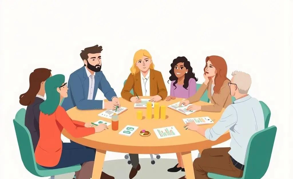 Illustration of people discussing investing around a table