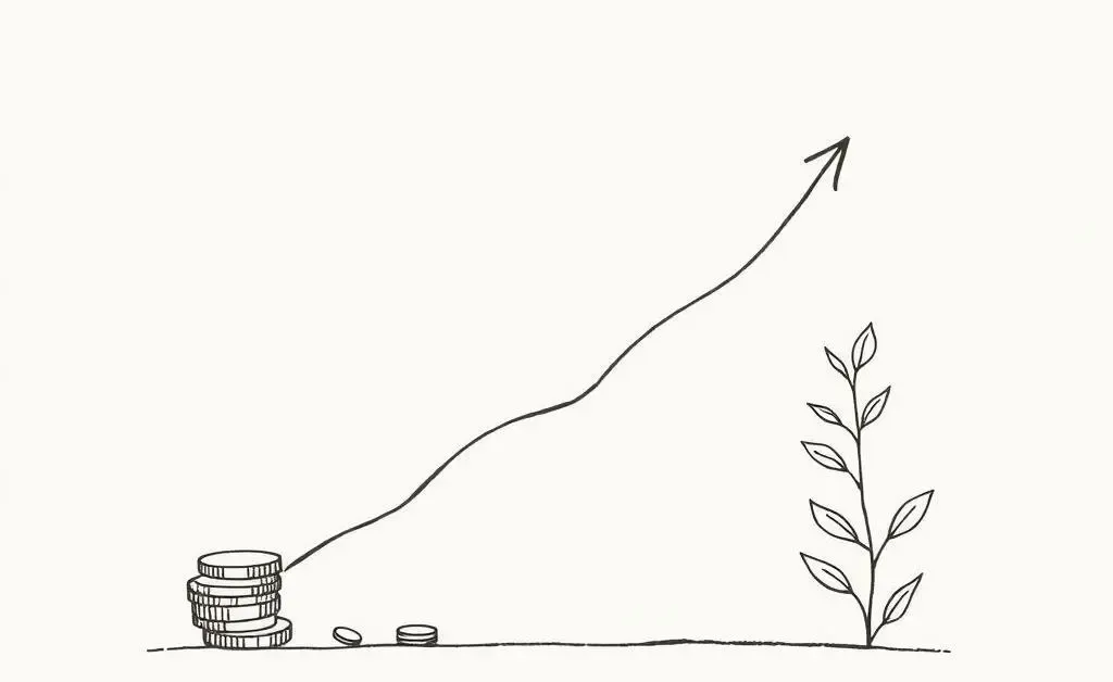 Graph showing investment growth with coins and plant leaves