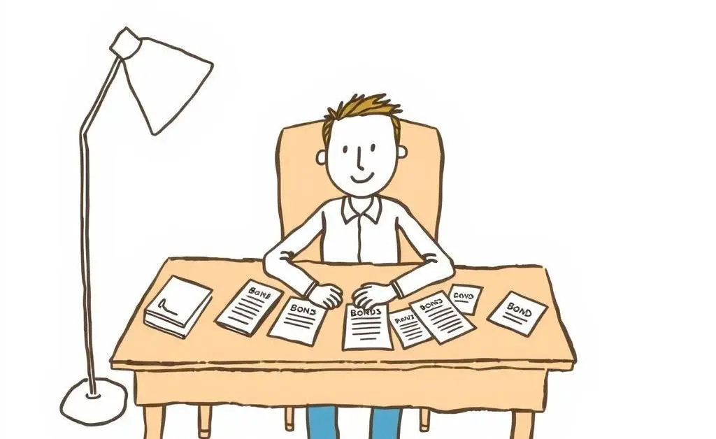 A hand-drawn image of a person comfortably sitting at a desk with notes about bonds spread out